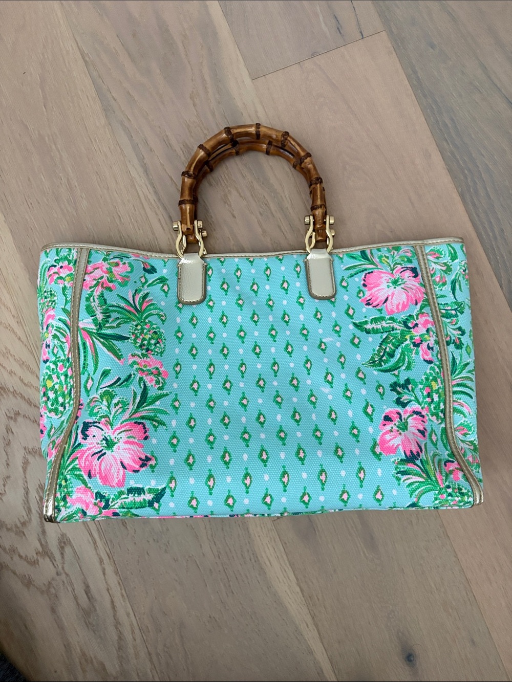 Lilly Pulitzer Floral Mint Canvas Tote with Bamboo Handles - Picture 5 of 5